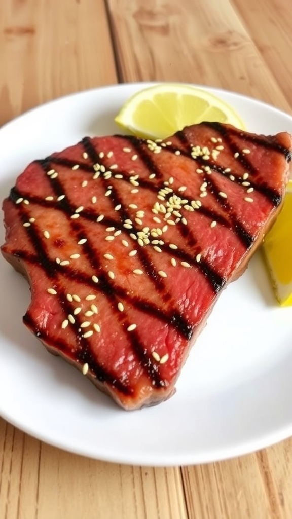 Seared ahi tuna steak with sesame seeds and lemon wedges on a rustic table.